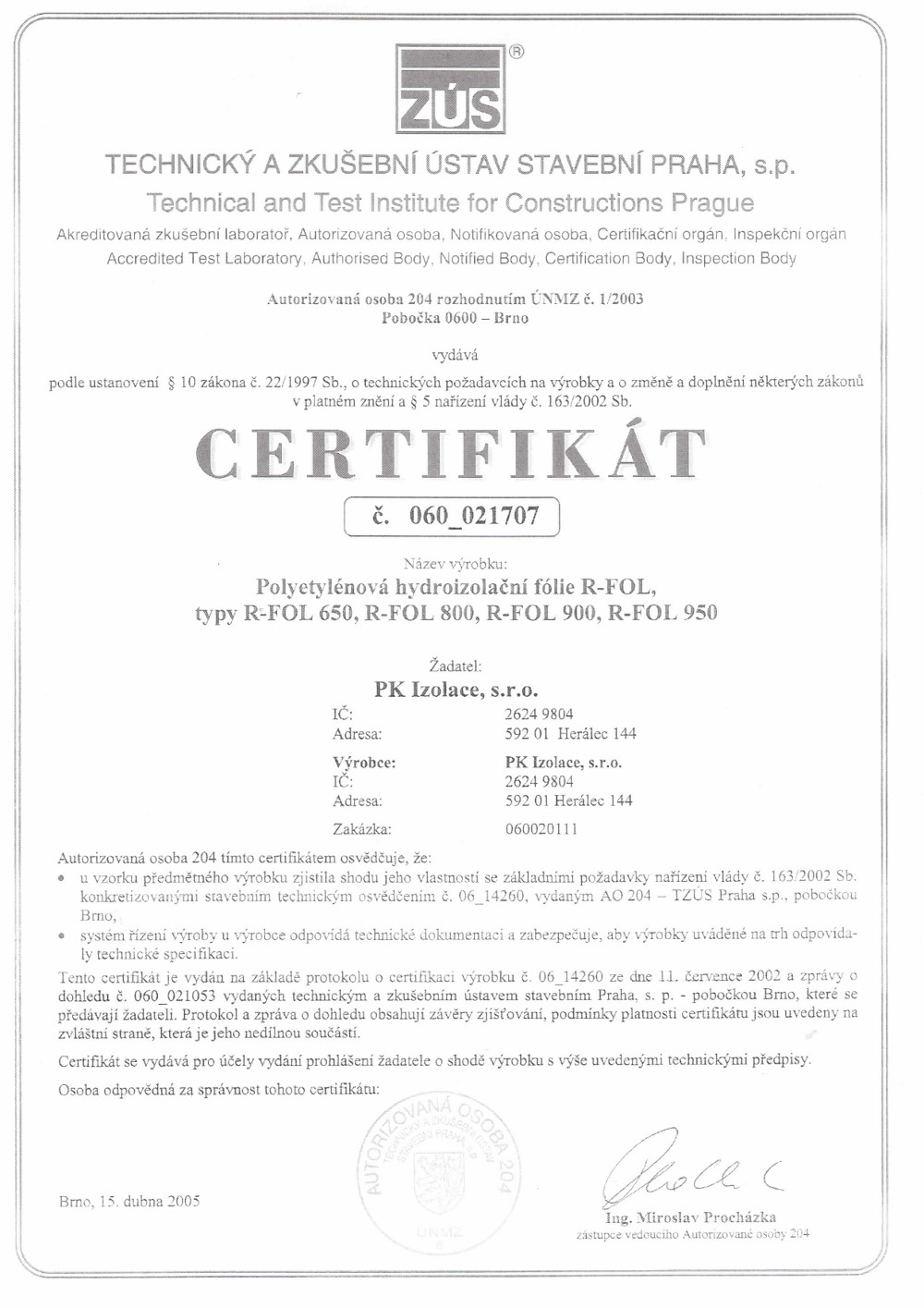 Certifikát R-FOL 650, 800, 900, 950